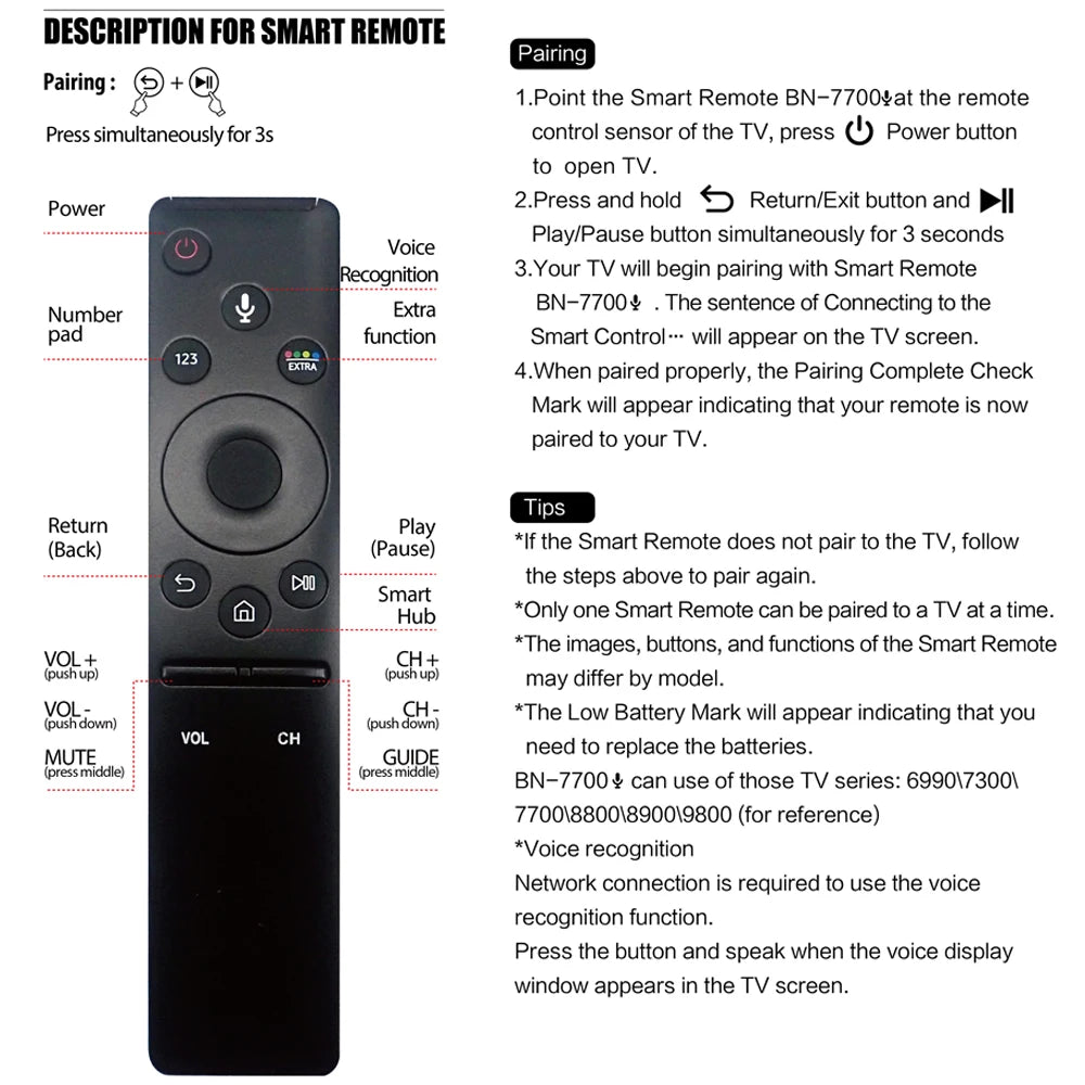 Remote for Samsung 4K Voice Smart TV BN59-01275A BN59-01274A UA78KS9500W UA49KS7300J UA65KS7300J