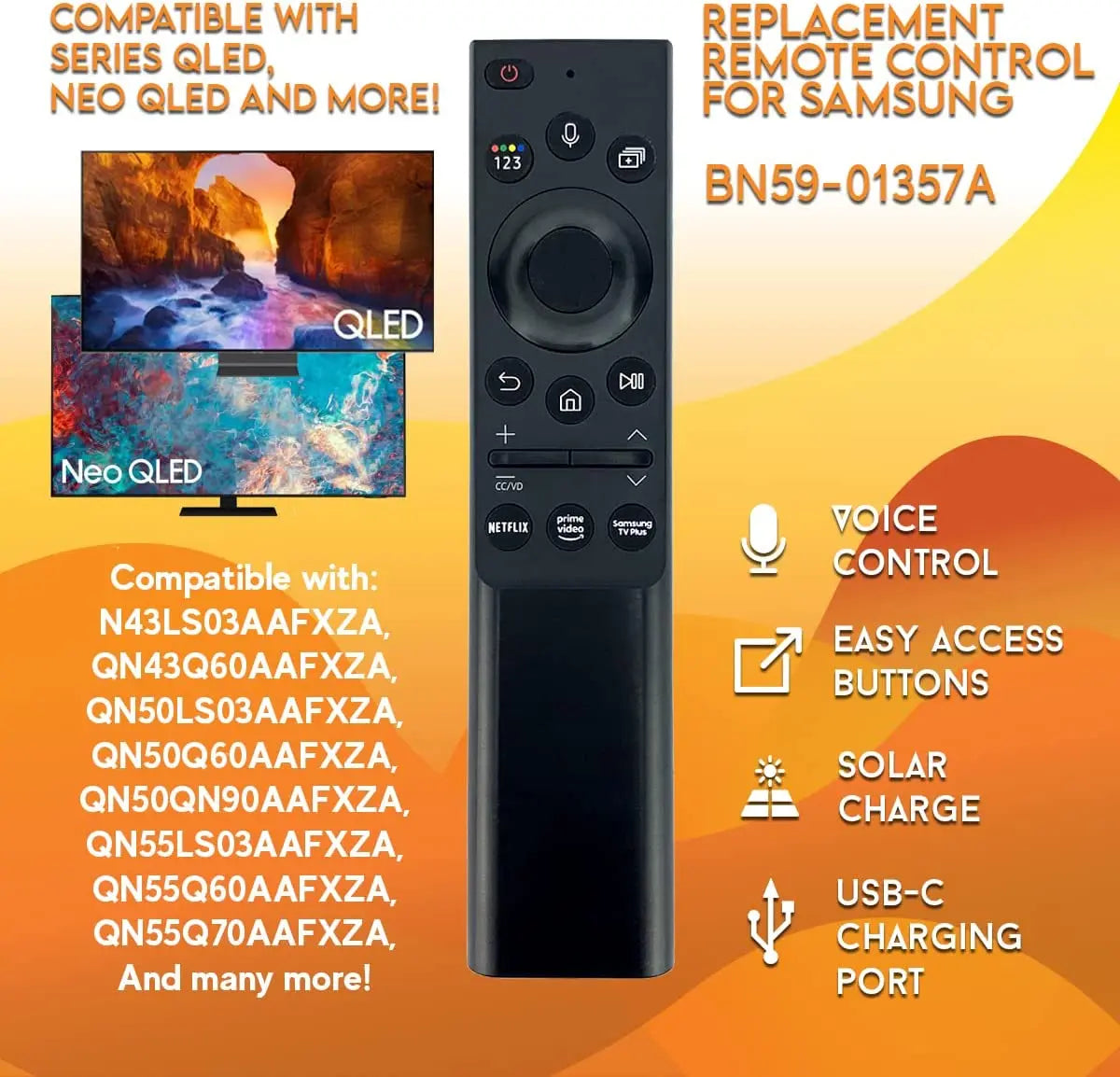 BN59-01357A Voice Remote for Samsung 2021 QLED 4K/8K TVs | Rechargeable Solar Remote for QN55QN85